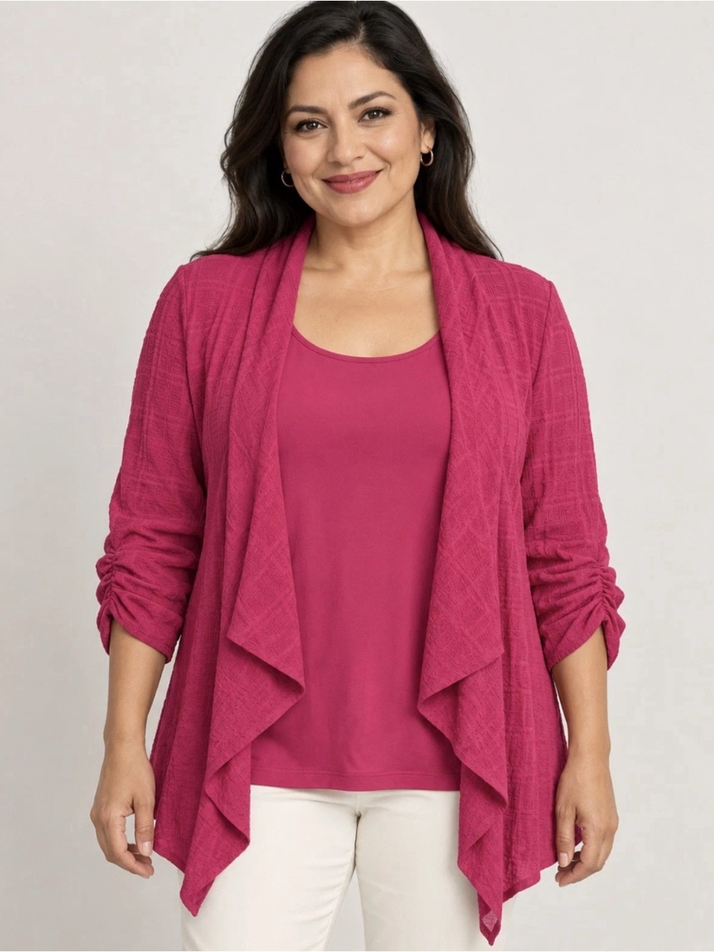 2pc- Susan Graver Textured Cardigan & Liquid Knit Tank Set Vivid Pink MP A689878